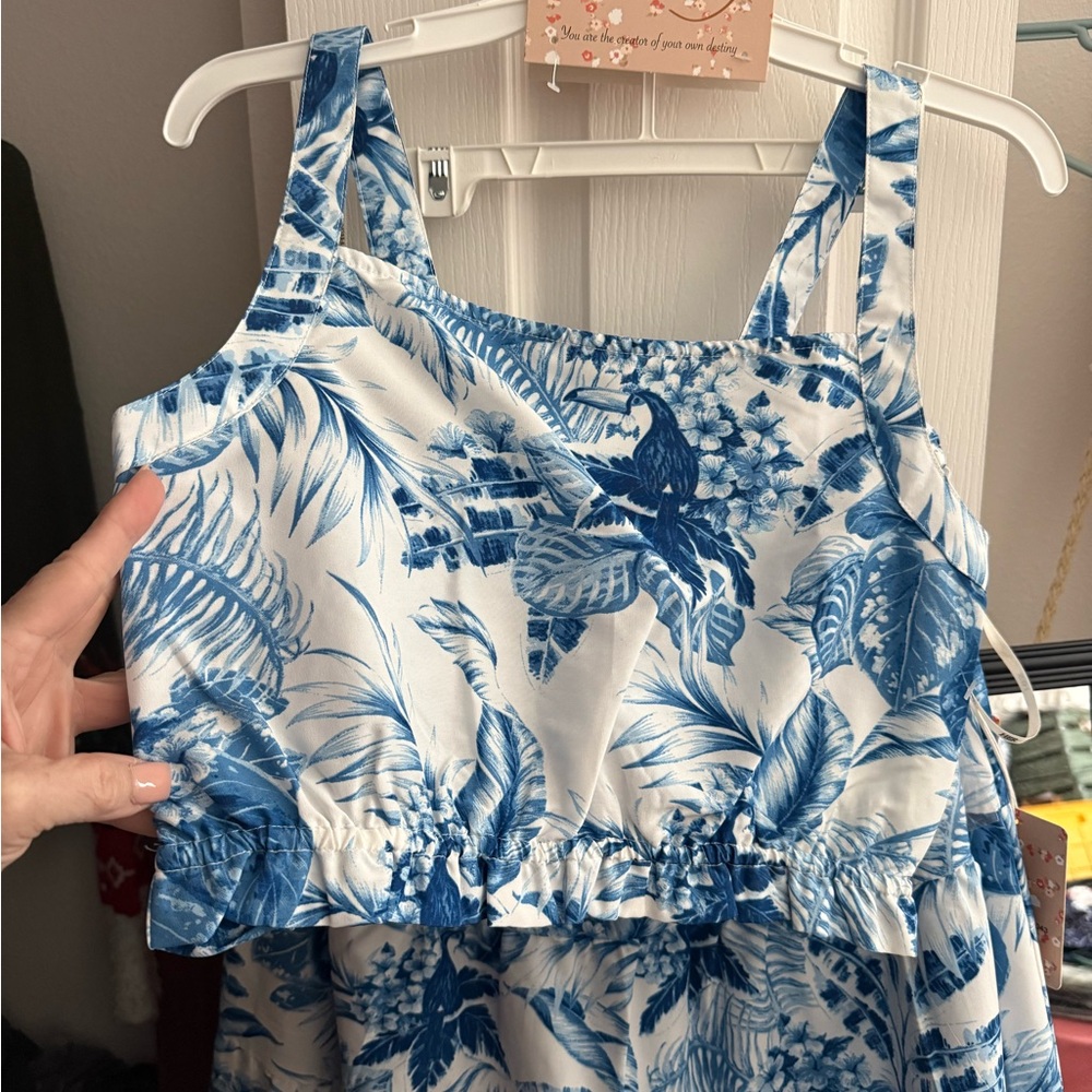 Blue and White Tropical Print skirt and crop top set